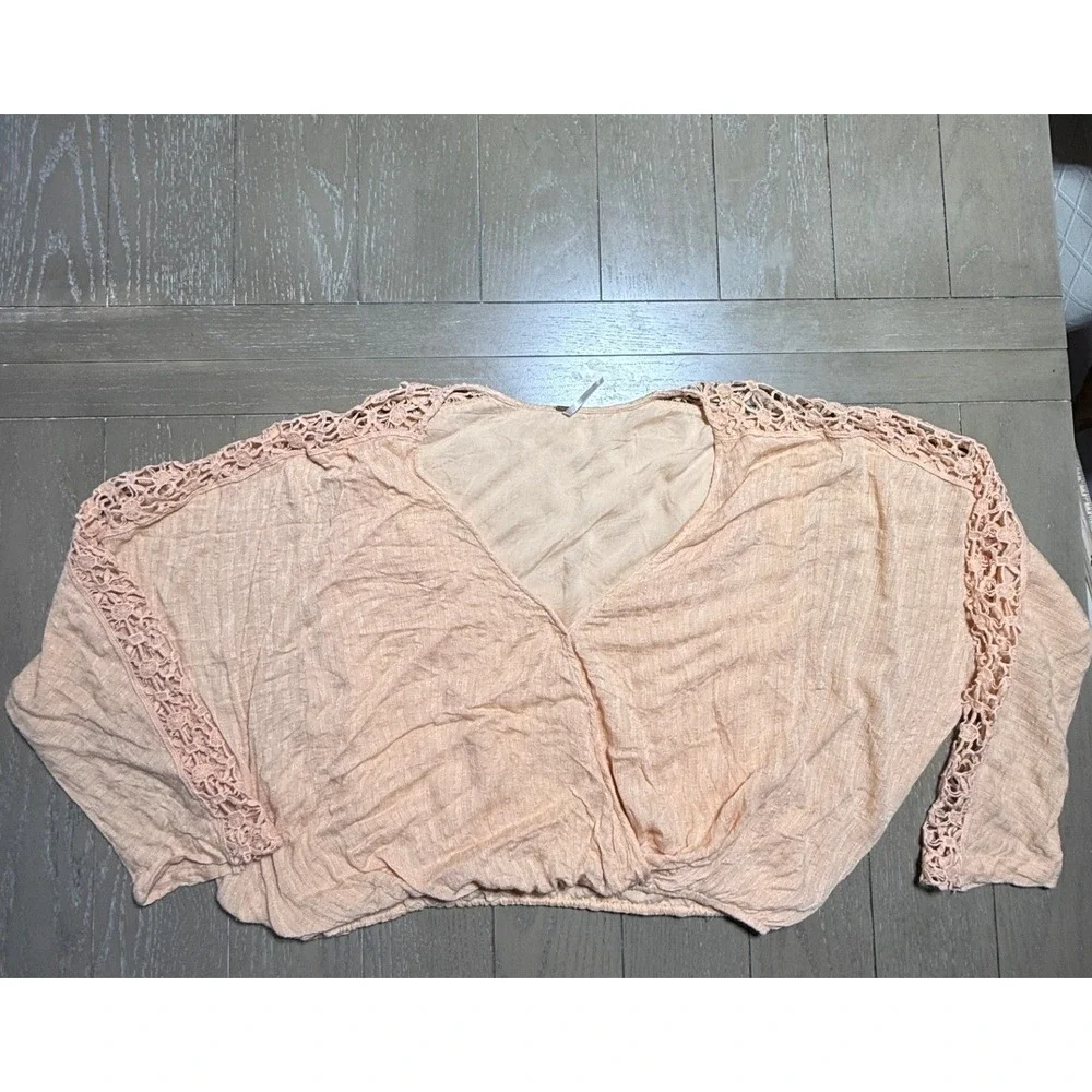 Free People Top Womens Small Peach Crochet Lace Surplice Wrap Relaxed Boho